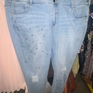 Lane Bryant Blue Ankle Cropped Jeans with Distressed Details